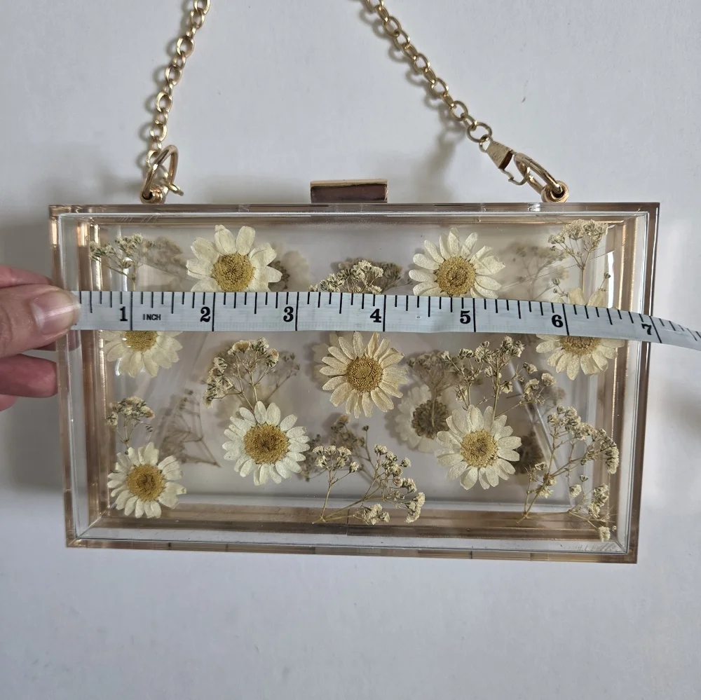 Clear daisy floral acrylic resin clutch gold chain ditsy girly statement cute - Picture 4 of 7